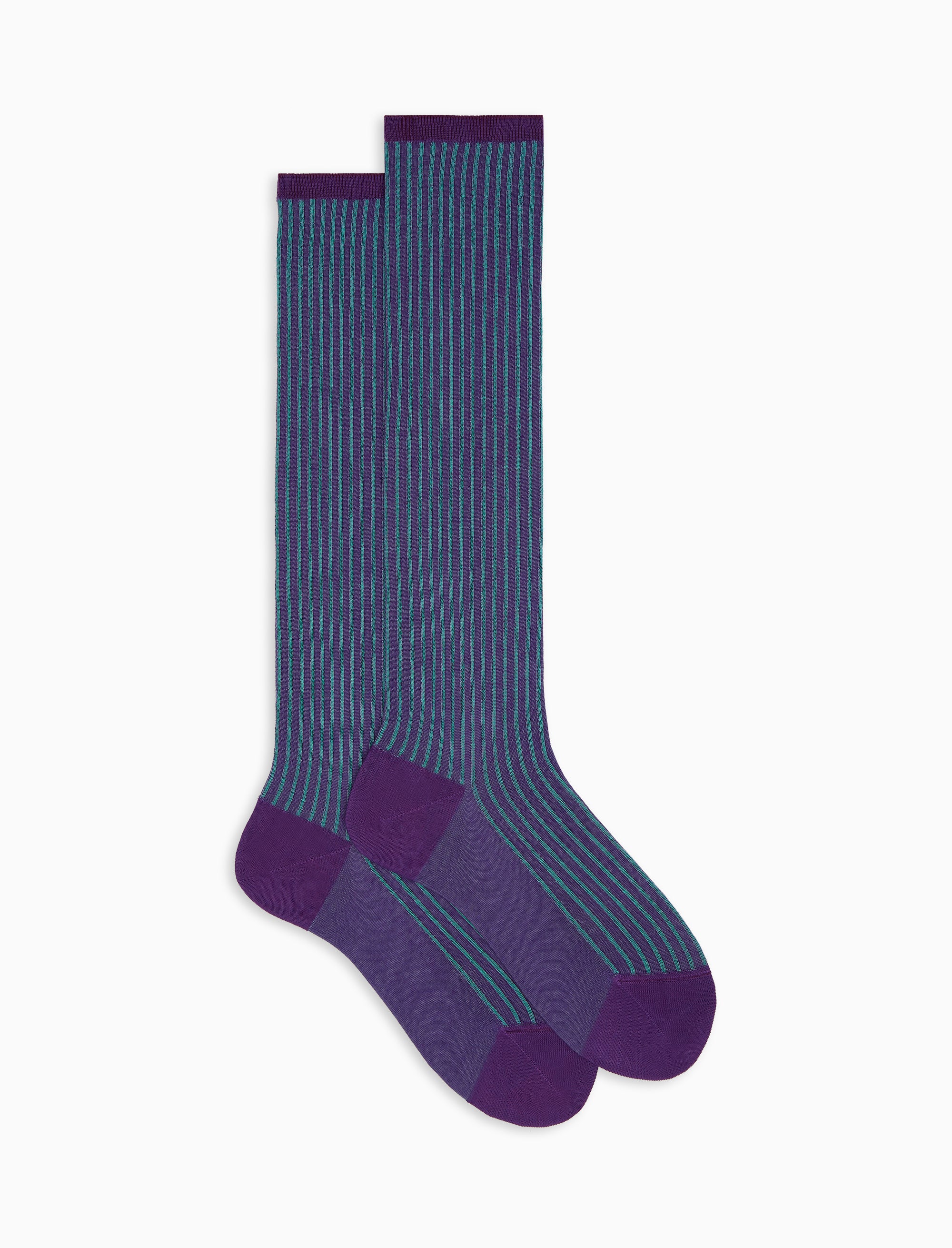 Gallo Calze Lunghe Uomo In Cotone - Blu Oltremare E Tortora - Twin Rib - Made In Italy