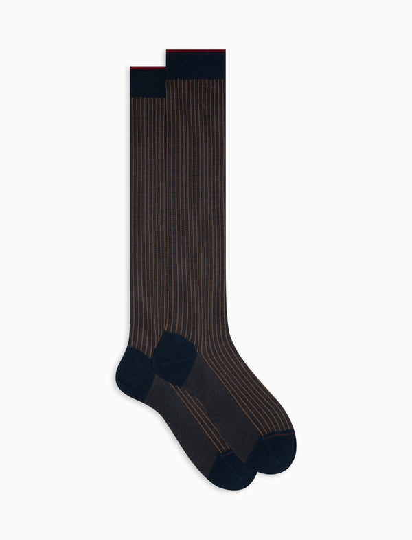 Calze Lunghe Uomo Gallo - Twin Rib In Cotone, Colore Blu Oltremare E Tortora, Made In Italy - 2